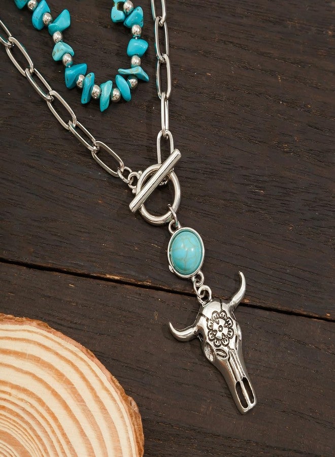 MarveBard Layered Western Necklace for Women Vintage Turquoise Beaded Choker Necklace Star Bull Head Shell Cactus Necklace Country Concert Cowgirl Dresses Jewelry Accessories (Ox-Head Paerclip Chain) - Image 4